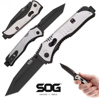 SOG Flashback 3.5" Black TiNi Tanto Folder- Silver