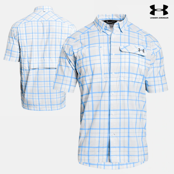 Under Armour Fish Hunter S/S Plaid Fishing Shirt (L)- White/Carolina Blue
