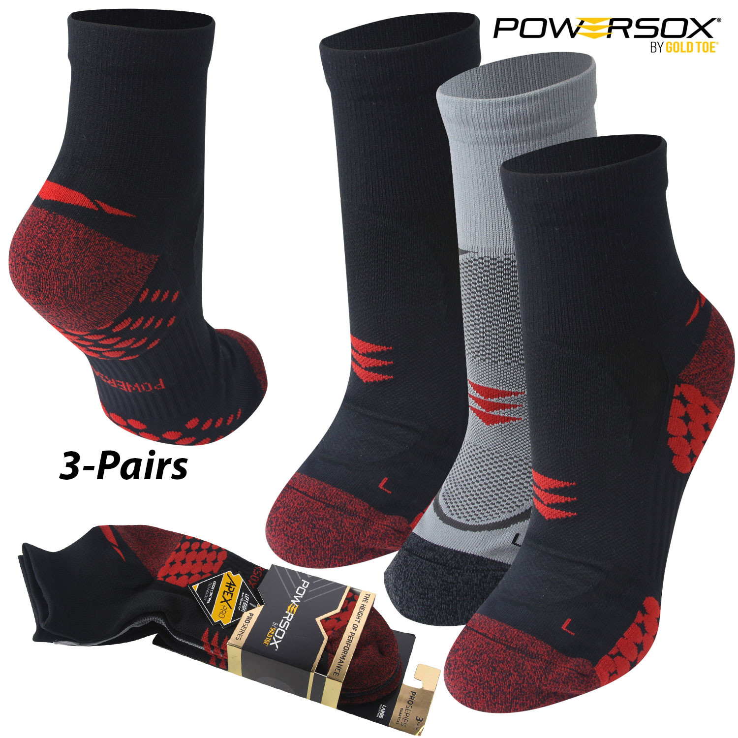 3-Pair PowerSox Apex Pro Quarter Socks (L) | Field Supply