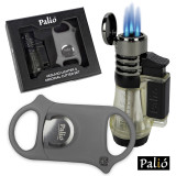 Palio Vesuvio Triple Jet Flame Lighter & Cutter Gift Set- Clear/Grey